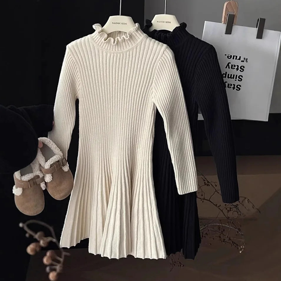 YBFSKID Spring 2026 Kids Girls Long Sleeve Dress Ruffle Collar Ribbed Children Girls Dress Knit Mid-length Girls Princess Dress