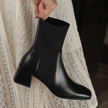 Female Ankle Boots Black Leather Footwear Short Shoes for Women Elegant with Medium Heels Sock Booties Spring Autumn Waterproof