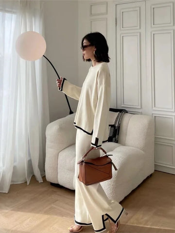 Fashion Color Matching Knitted Pant Sets Women Loose Long Sleeve Knitting Sweater Slit Wide Legs Trousers Two Piece Set Female