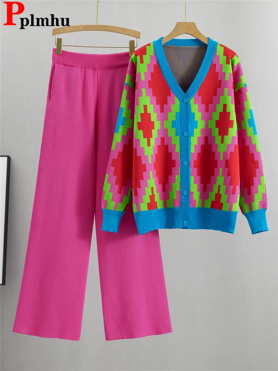 Korean Design Knitted 2 Piece Sets Casual High Waist Sweatpants Outfit Women V-neck Long Sleeve Knitwears Cardigan Tops Suits