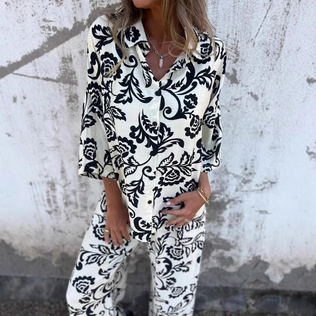 Printed Women's Two Piece Sets Vintage Turndown Collar Long Sleeve Shirt Elastic High Waist Baggy Casual Pants