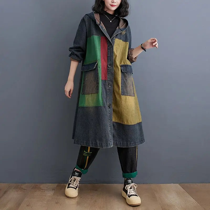 Autumn Vintage Denim Long hooded Trench Coat Women single-breasted Patchwork Windbreak Ladies Casual Loose Cowboy overcoat R562