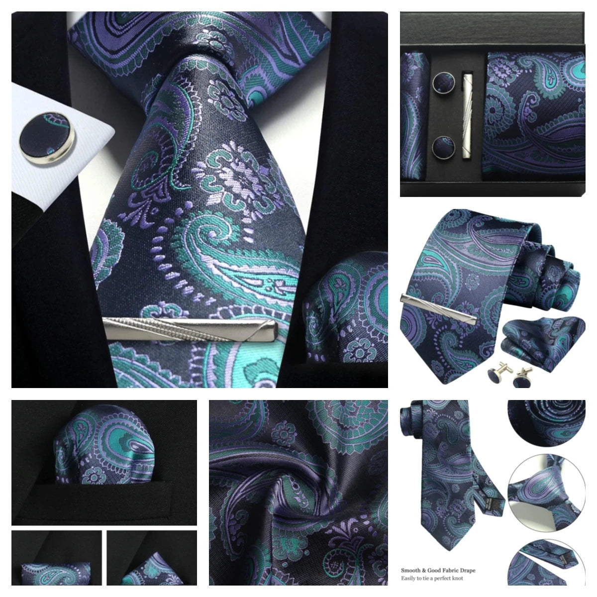 100% Silk Necktie Paisley Floral Mens Tie Top Quality Business Tie Pocket Square Tie Clip Cufflinks Set Classic For Men Gift Box