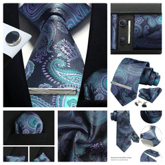 100% Silk Necktie Paisley Floral Mens Tie Top Quality Business Tie Pocket Square Tie Clip Cufflinks Set Classic For Men Gift Box