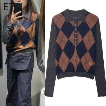 ETJ 2025 autumn new fashion women's wear diamond check stitching long-sleeved polo neck thin knit sweater
