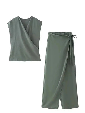 HH Woman Summer Pant Sets Fashion V-neck Short Sleeve Blouses Slim Shirt Tops Female Elegant Asymmetrical Lace-up Pants