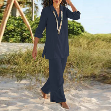 2025 Autumn Women New V-neck Long-sleeved Loose Casual Solid Color Fashion Suit For Women Outdoor Daily Versatile Two-piece Suit