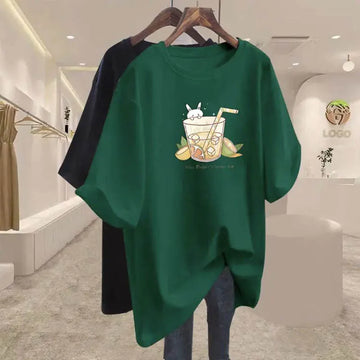 Women Clothing Pure Cotton Basic All-match T-shirt Summer Casual Loose O-neck Short Sleeve Top Tee Oversized Chic Print Pullover