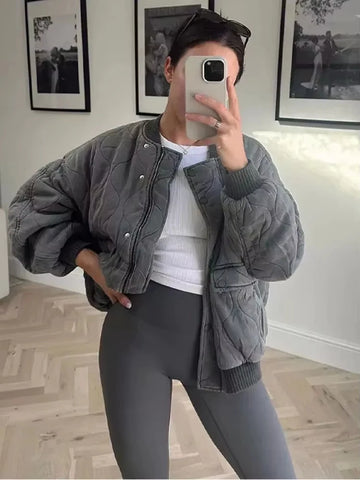 Women's Fashion Crew Neck Pilot Jacket Fall Winter Cotton Lined Warm Coat Gray Black Oversized Jacket Casual Commuter Outerwear