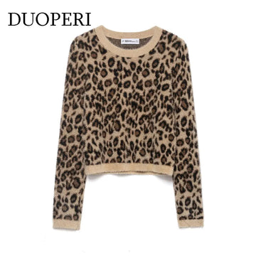 DUOPERI Women's Faux Fur Animal Printed Knitted Pullover Sweater Casual O-Neck Long Sleeves Female Elegant Chic Lady Tops