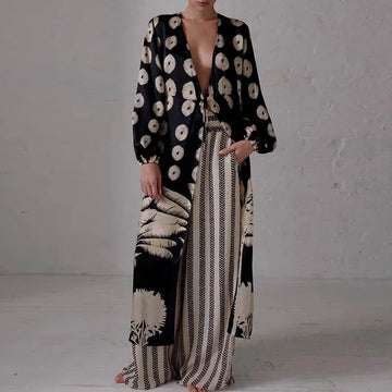 Women Causal Long Sleeve 2Pc Set Spring Autumn Vintage Pattern Print Outfit Elegant V-neck Tie-Up Long Cardigan & Long Pant Suit
