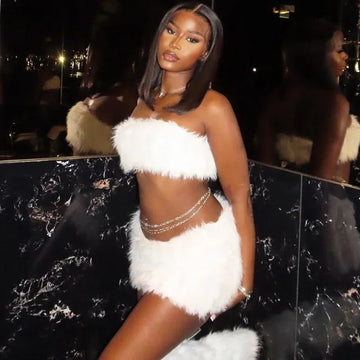 Faux Fur Women Sexy Ribbed Two Piece Set Solid White Strapless Crop Top Bodycon Mini Skirts Party Clubwear Suits Y2K Streetwear
