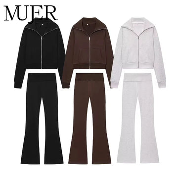 MUJER Flare Pants Sets for Women 2 Pieces Fleece High Waist Woman Trousers Sets Zipper Cropped Women's Jacket Streetwear Outfits