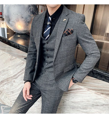 High Quality British Korean Modified Plaid Men (suit + Vest + Trousers) Stylish and Handsome Business Casual Three-piece Suit