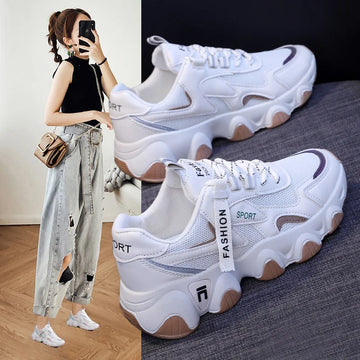 CINESSD 2023 Trendy Mesh Platform Sneakers Leather Shoes Breathable Casual Sports Shoes Women Flats