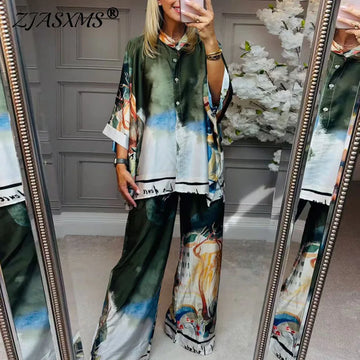 Retro Print New in Matching Sets Woman Elegant Lapel Button Shirts+Wide Leg Trousers Suit Fall Long Sleeve Loose Female Clothing
