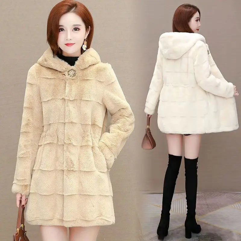 Autumn winter new Imitation mink velvet mid-length fur coat Women fashion slim hooded plush fur jacket Female Warm overcoat T690