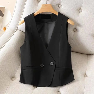 Spring Autumn new Fashion V-neck Double Breasted Short Vest Women Casual Elegant Office Ladies Waistcoat Sleeveless Jacket T1095