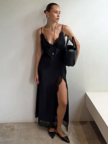 Ticketsx Fashion V-Neck White Fitted Split Long Dress Summer Elegant Lace Luxurious Dress Commuting Beach Vacation Women's Dress