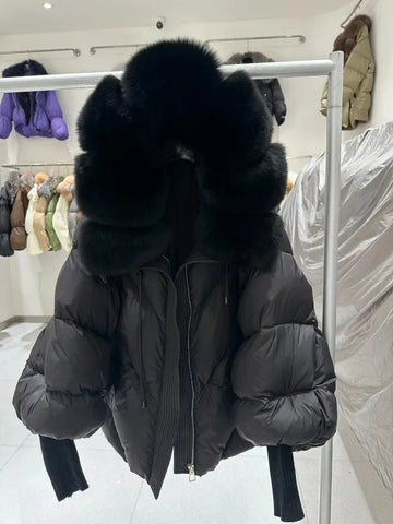 Down Coat New Winter Large Real Fur Hooded Puffer Jacket Women Thick Fox Fur Warm Knitted Sleeve White Duck Down Jacket Parka