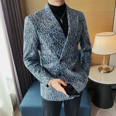 Stamp Men's Suit Jackets Party Printed Blue Double Male Blazer Breasted Korean Style Clothes Original Elegant Coat Fashion 2024