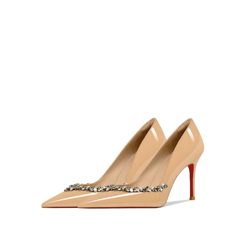 Black high heels for women 2025 new V-neck chain rhinestone fine heel pointed temperament French banquet single shoes