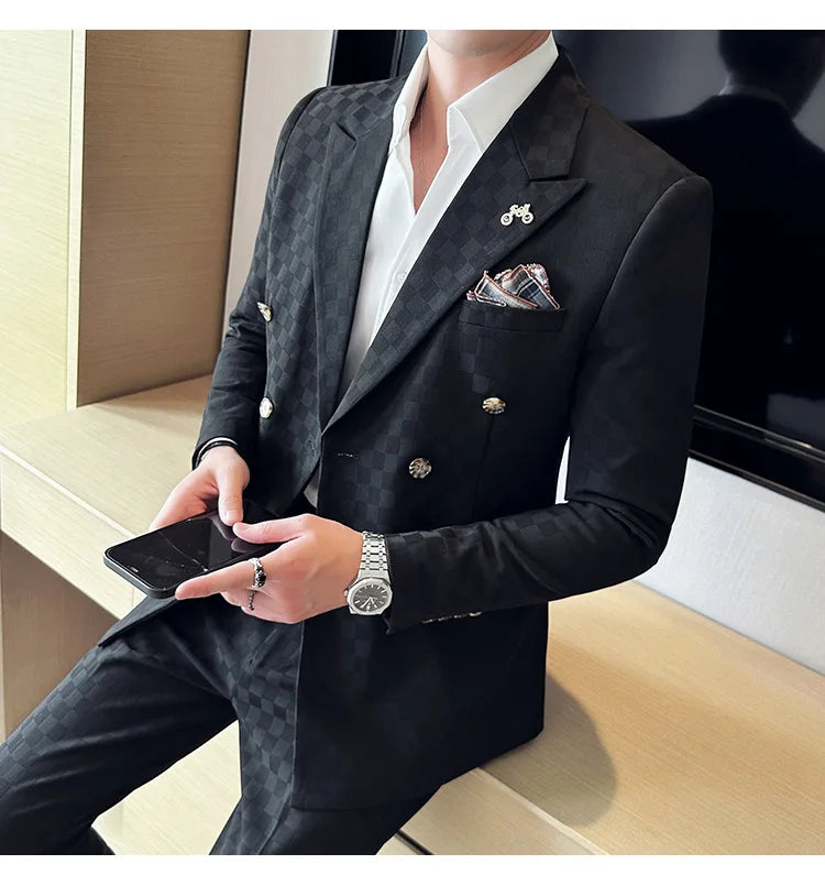 (Jacket+Pants) 2 Pieces Blue Apricot Business Party Men Suits Double Breasted Formal Style Custom Made Wedding Groom Tuxedos