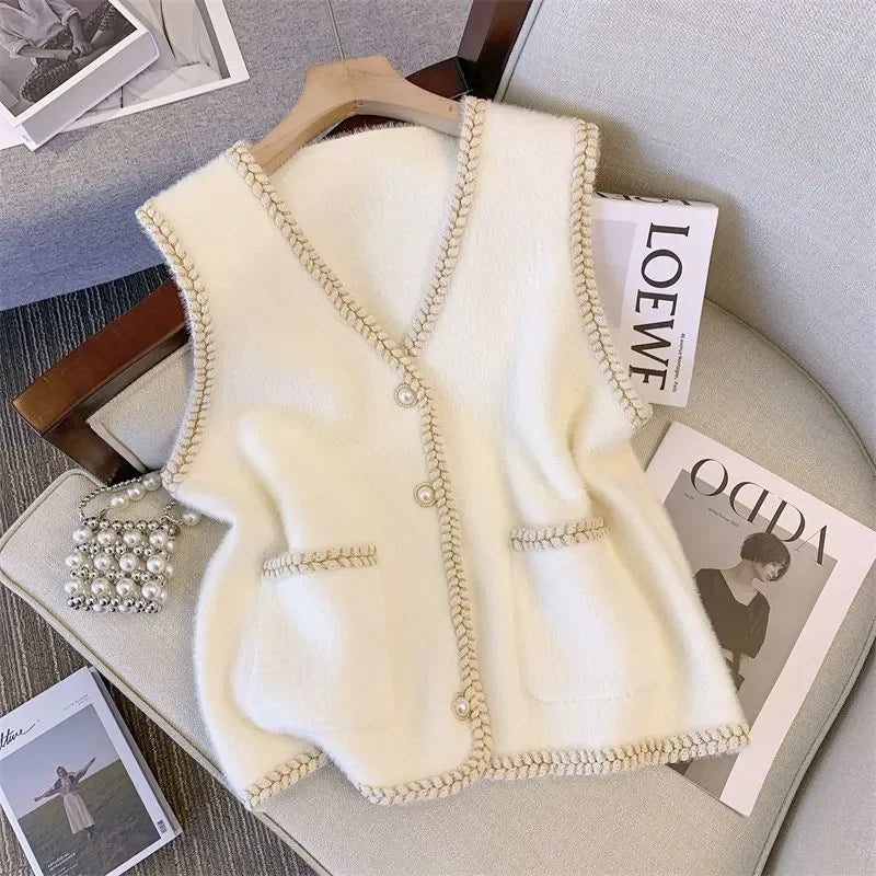 Spring Autumn New Female V-Neck Knitted Mink Velvet Vest Women Pearl Button Sleeveless Jacket Female Knitwear Waistcoat T1030
