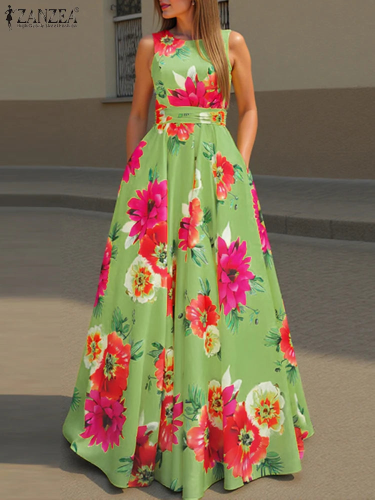ZANZEA Women Bohemian Dress Fashion Floral Printed Tank Sundress 2025 Summer Sleeveless Waisted Robe Casual Party Maxi Dresses