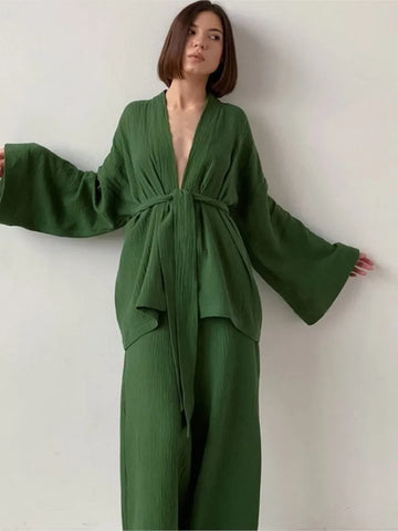 Autumn Women Set Fashion Two Piece Set Casual Solid Color Long Sleeves Top And Loose Wide Legs Trousers Set Home Clothing