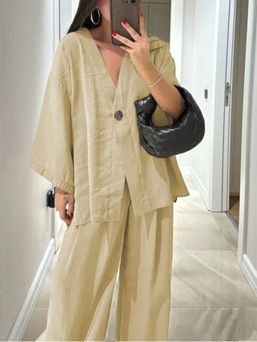Casual Solid Cotton Linen Loose Shirt Pants Set Women Single Breasted Blouses Wide Leg Pants Suits Spring Summer Lady Outfits