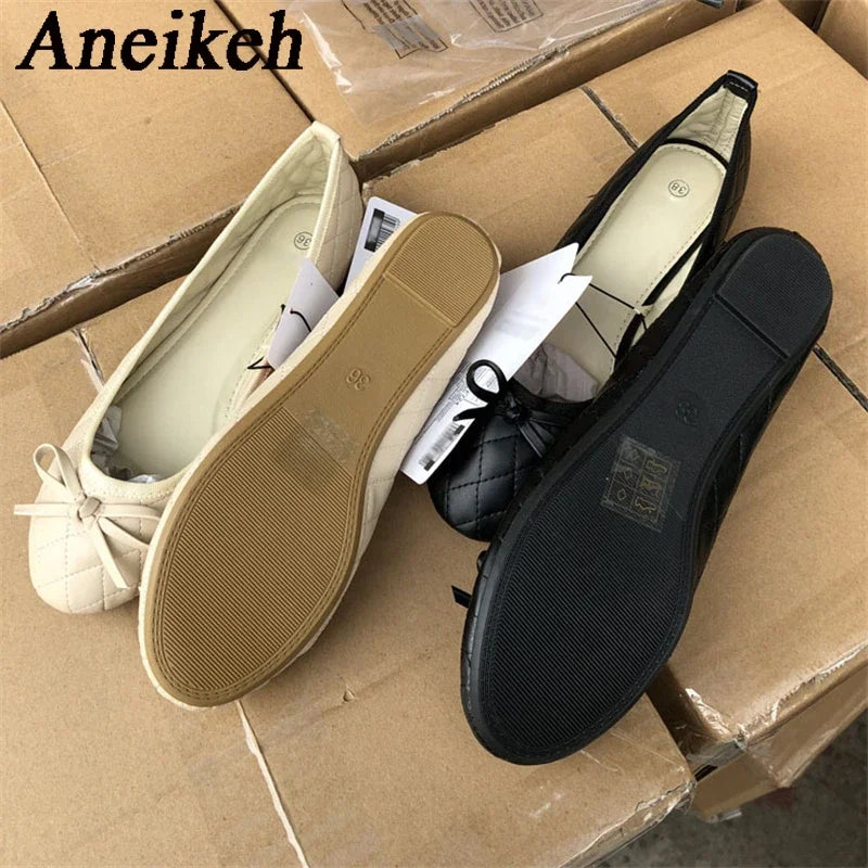 Aneikeh Spring Elegant Bowknot Ballet Flats Women's Flat Round Toe Comfort Slip-On Ladies Loafers Leather Mules Shoes
