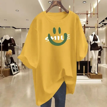 2025 Summer New Smiling Letter Print T-shirts Women Clothing Loose O-neck Short Sleeve Pullover Office Lady Pure Cotton Top Tees