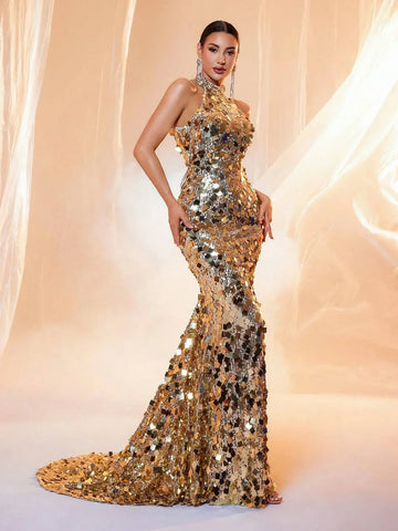 LOVE&LEMONADE Sexy Halter Neck Gold Sequin Backless Maxi Evening Dress for Women Wholesale Dropshipping LM86444