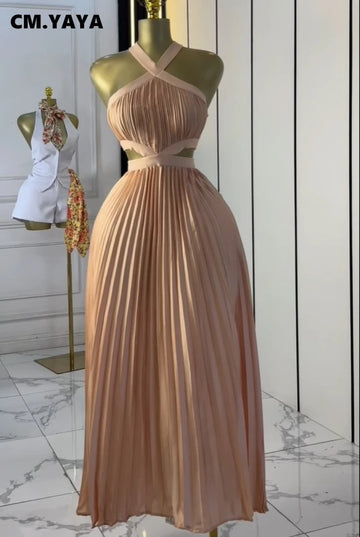 CM.YAYA Women Halter Neck Sleeveless Cutout Back Pleated A-line Maxi Long Dress Summer Birthday Vacation Beach Holiday Dresses