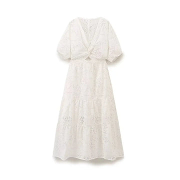 Women's Dress Fashion Solid Color Bow Decoration Hollow Embroidery Style Summer New Dress