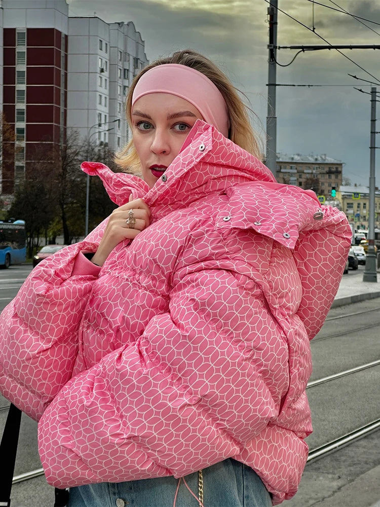 Hooded Padding Women's Jacket 2025 Winter Long Sleeve High Neck Thicken Warm Coats Female Street Wine Red Loose Lady Outwears