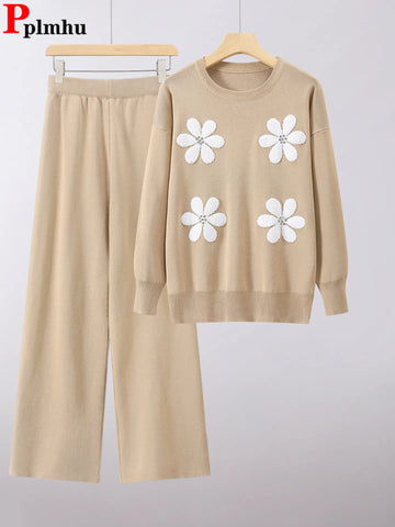 Korean Design New Knitted 2 Piece Sets Women O-neck Loose Sweater Pullover Conjuntos Casual High Waist Straight Pants Outfit New
