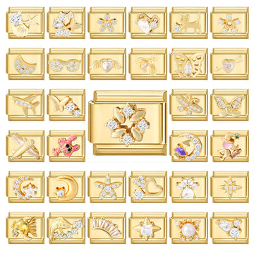 Gold Color Zircon Butterfly Moon Star Heart Italian Charm Link Fit 9mm Stainless Steel Bracelet Women Men DIY Making Gifts