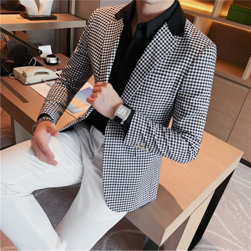 Suit Men's British Style Slim Elegant Fashion Business Casual Dress Tuxedo Spliced Collar Plover Case Blazer Jacket