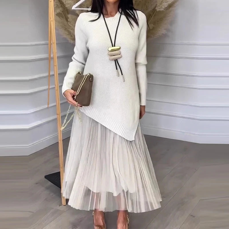 Lady Casual Long Sleeve Solid 2Pc Suit Fashion Splicing Loose Commuter Outfit Elegant O-neck Pullover Knit & Suspender Skirt Set