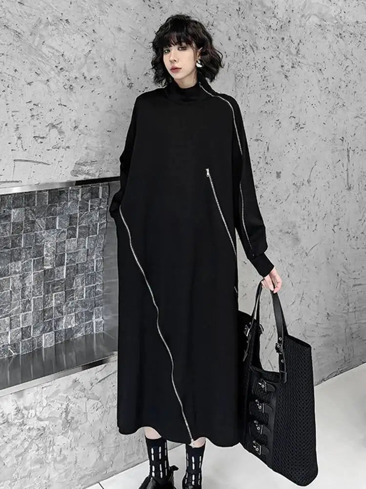 EAM Women Black Irregular Zipper Big Size Midi Dress New Turtleneck Long Sleeve Fashion Tide Spring Autumn 2026 1DJ2537