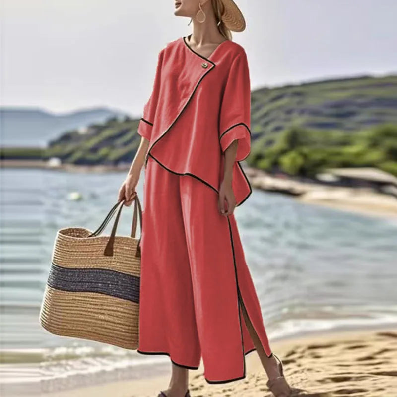 Vacation Outfits Woman Button V-neck Loose Irregular Top And Split Wide Leg Trousers Suit Autumn 3/4 Sleeve Contrast Striped Set