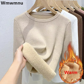 O-neck Knitted Tops Women's Plus Velvet Thicken Sweaters Winter Slim Warm Long Sleeve Casual Plush Fleece Lined Soft Pullover