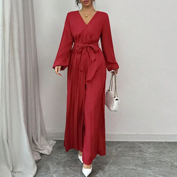 Fashion Autumn Long Sleeve V-Neck Women Jumpsuit Rompers Solid Elegant Lace-up Wide-leg Jumpsuit Women Ropa De Mujer 2025 Q608