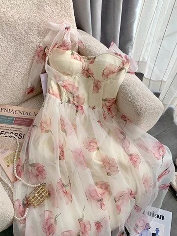 Summer White Mesh Fairy Dress Woman French Vintage Floral Print Princess Prom Dresses For Women Beach Holiday Maxi Dresses 2023