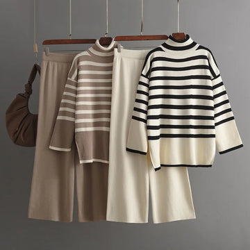 Autumn Winter New in Fashionable High Collar Sweater Women's Loose Casual Comfortable Knitted Sweater Pants Two Piece Set
