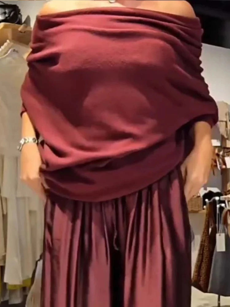 Elegant Slash Collar Off Shoulder Top&Satin Wide Leg Pants Sets Fashion Irregular Solid  Commute Outfits Lady Simple Loose Sets