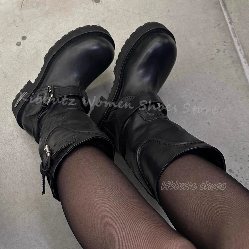 Belt Buckle Mid Calf Boots Genuine Leather Solid Color Slip-On Fashion Luxury Concise Elegant Women Shoes Round Toe Chunky Heels