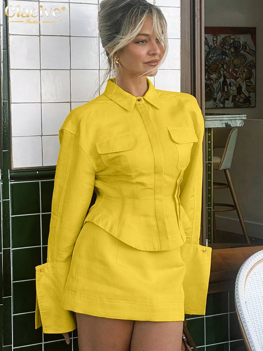 Clacive Fashion Slim Yellow Cotton 2 Piece Set Women Outfit 2025 Elegant Long Sleeve Shirt With High Waist Mini Skirt Set Female